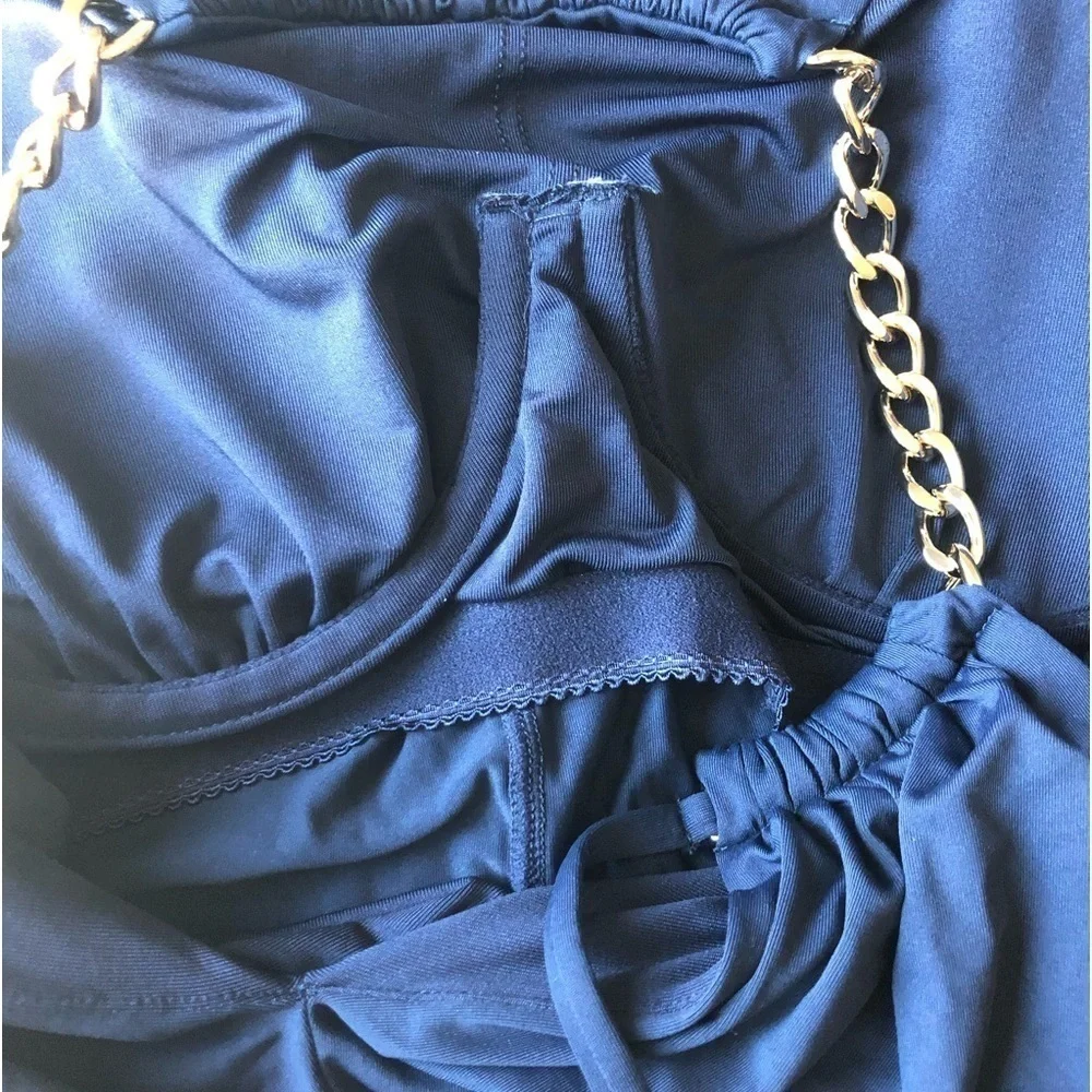 Michael Kors Gold Chain High Neck Flowy Tankini Top Blue Size Small